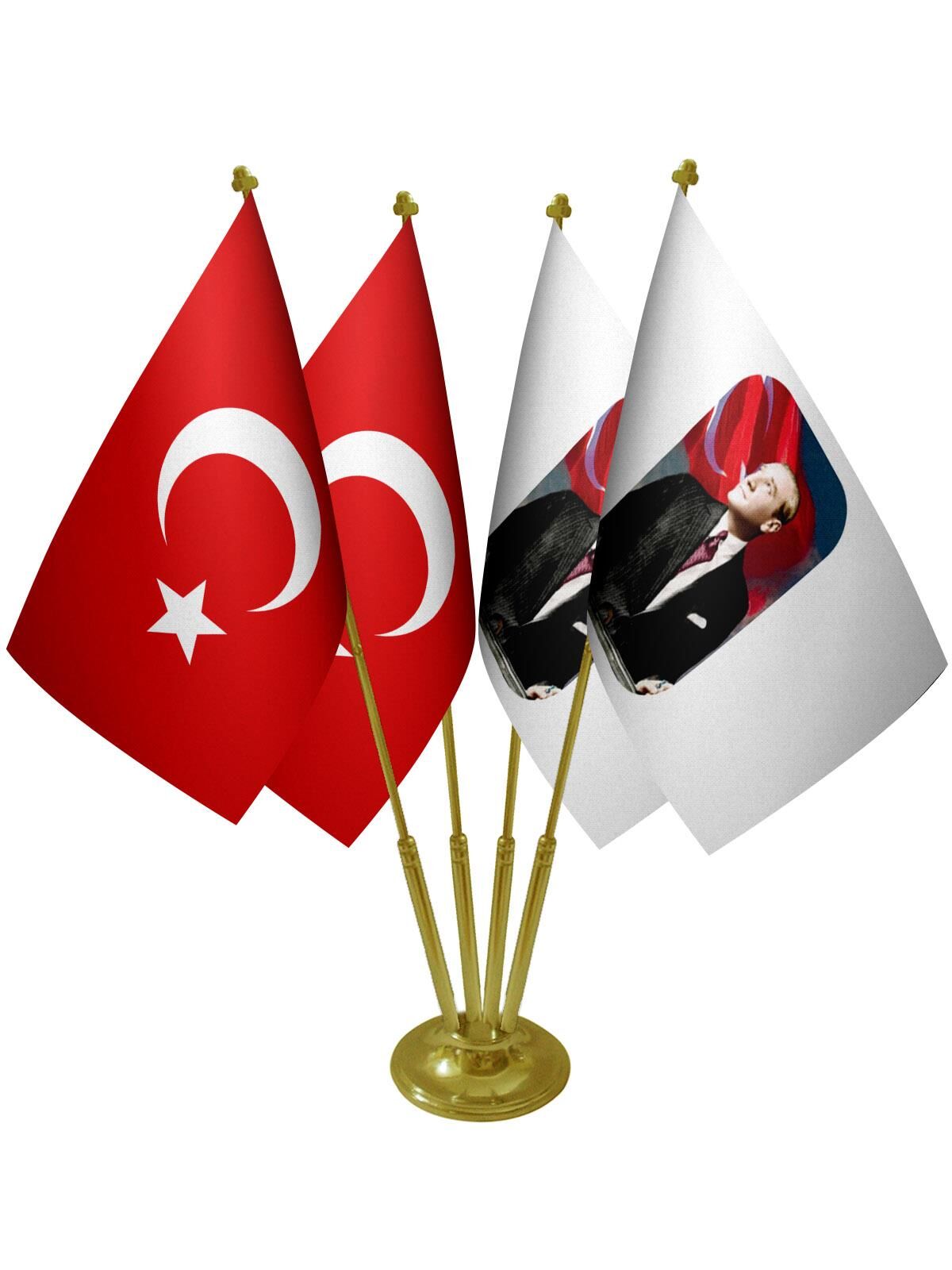 Masa Üstü Atatürk Bayrağı Türk Bayrağı Dörtlü Pirinç Direk Masa Bayrak Seti