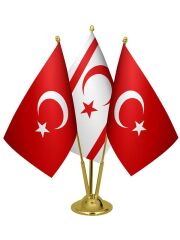 Masa Üstü KKTC Bayrağı Türk Bayrağı Üçlü Pirinç Direk Masa Bayrak Seti