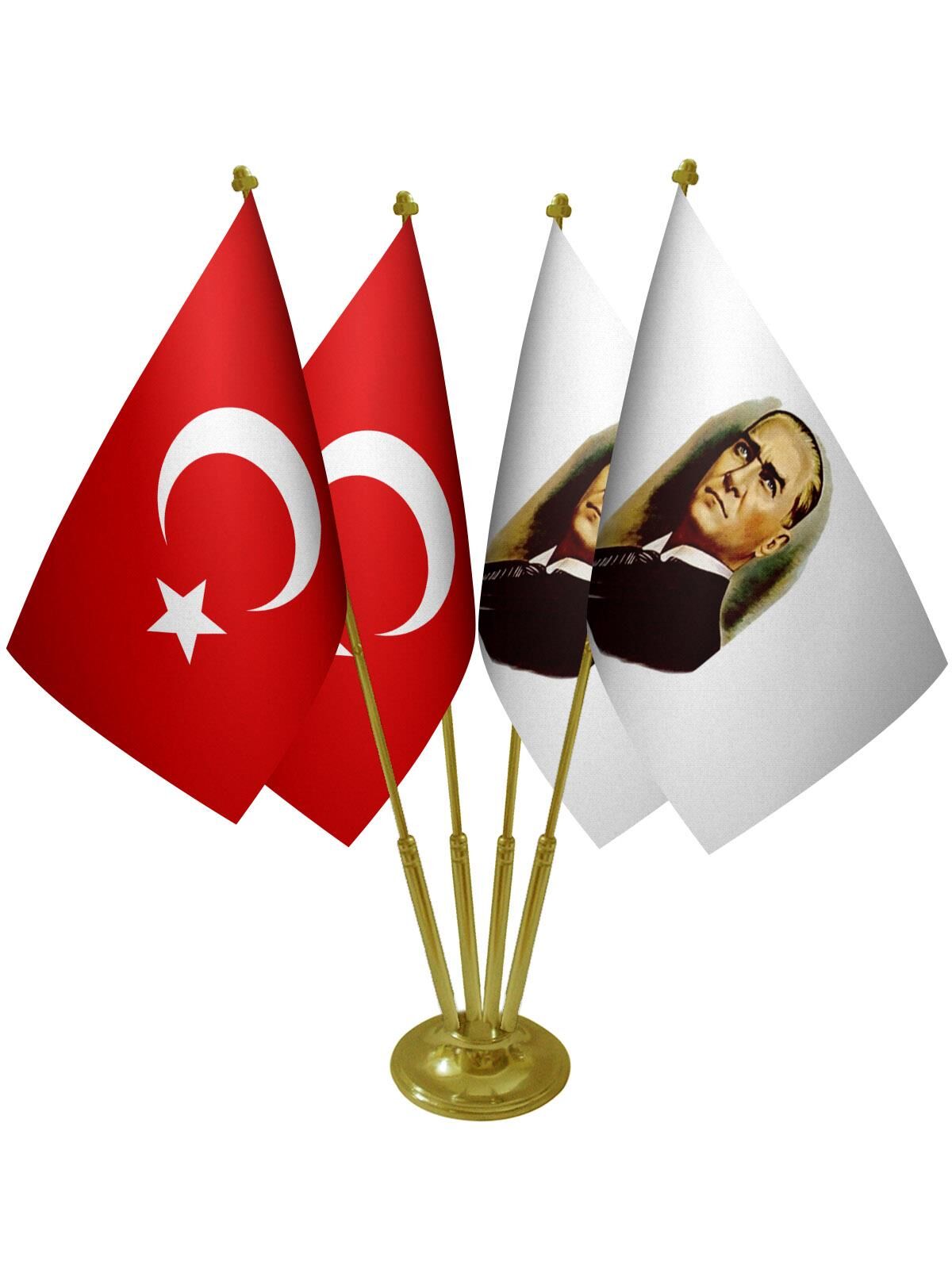 Masa Üstü Atatürk Bayrağı Türk Bayrağı Dörtlü Pirinç Direk Masa Bayrak Seti