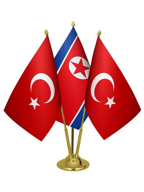 Masa Üstü Kuzey Kore Bayrağı Türk Bayrağı Üçlü Pirinç Direk Masa Bayrak Seti