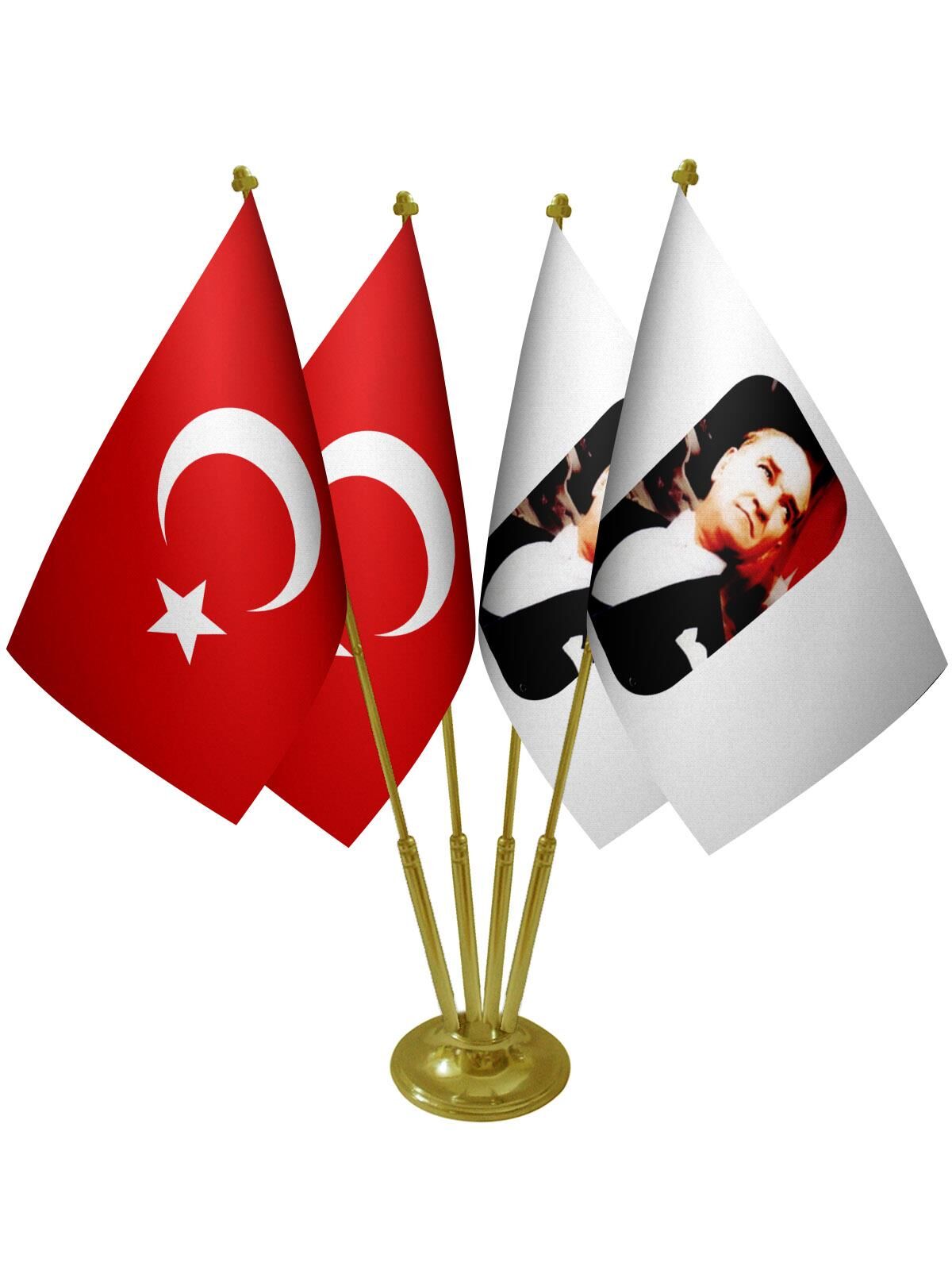 Masa Üstü Atatürk Bayrağı Türk Bayrağı Dörtlü Pirinç Direk Masa Bayrak Seti