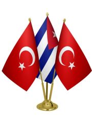 Masa Üstü Küba Bayrağı Türk Bayrağı Üçlü Pirinç Direk Masa Bayrak Seti