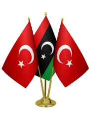 Masa Üstü Libya Bayrağı Türk Bayrağı Üçlü Pirinç Direk Masa Bayrak Seti