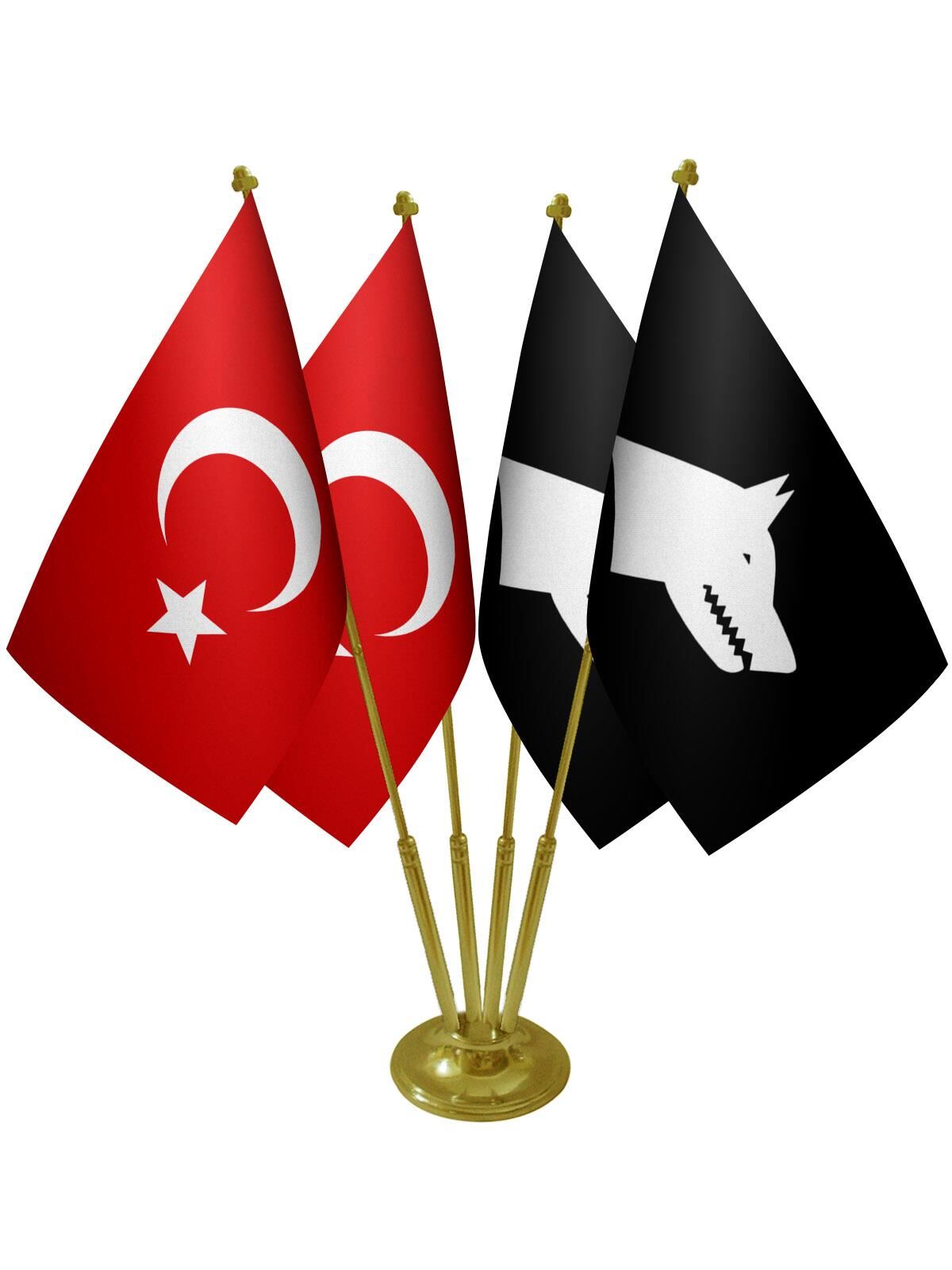 Masa Üstü Siyah Göktürk Bayrağı Türk Bayrağı Dörtlü Pirinç Direk Masa Bayrak Seti