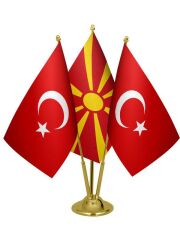 Masa Üstü Makedonya Bayrağı Türk Bayrağı Üçlü Pirinç Direk Masa Bayrak Seti