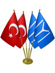 Masa Üstü Kayı Boyu Bayrağı Türk Bayrağı Dörtlü Pirinç Direk Masa Bayrak Seti
