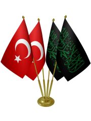 Masa Üstü Siyah Kelimei Tevhid Sancağı Türk Bayrağı Dörtlü Pirinç Direk Masa Bayrak Seti