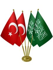 Masa Üstü Yeşil Kelimei Tevhid Sancağı Türk Bayrağı Dörtlü Pirinç Direk Masa Bayrak Seti