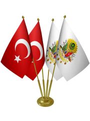Masa Üstü Osmanlı Arması Bayrağı Türk Bayrağı Dörtlü Pirinç Direk Masa Bayrak Seti
