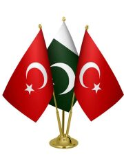 Masa Üstü Pakistan Bayrağı Türk Bayrağı Üçlü Pirinç Direk Masa Bayrak Seti