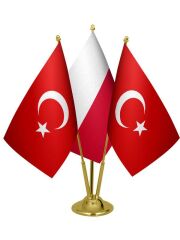 Masa Üstü Polonya Bayrağı Türk Bayrağı Üçlü Pirinç Direk Masa Bayrak Seti