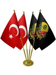 Masa Üstü Siyah Osmanlı Arması Bayrağı Türk Bayrağı Dörtlü Pirinç Direk Masa Bayrak Seti