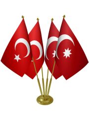 Masa Üstü Osmanlı Devleti Bayrağı Türk Bayrağı Dörtlü Pirinç Direk Masa Bayrak Seti
