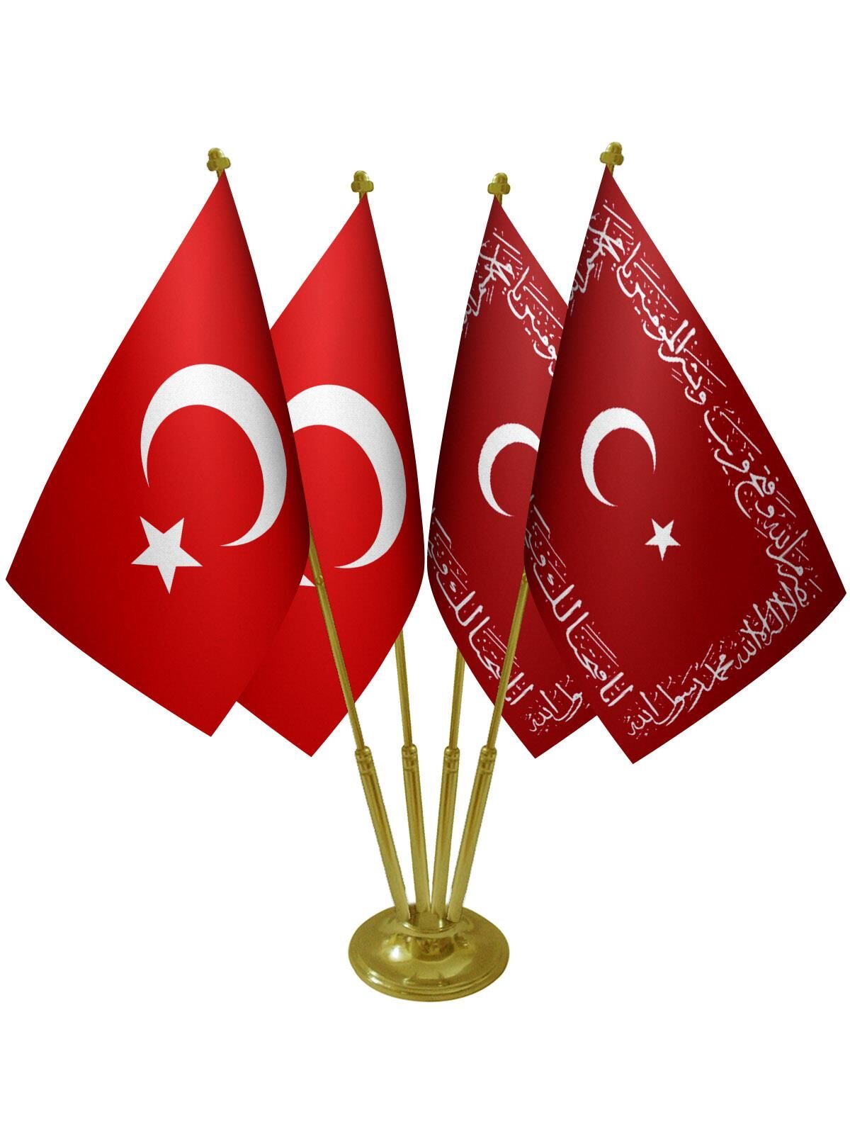 Masa Üstü Ayetli Osmanlı Devleti Sancağı Türk Bayrağı Dörtlü Pirinç Direk Masa Bayrak Seti