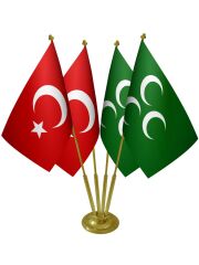 Masa Üstü Yeşil Üç Hilal Sancağı Türk Bayrağı Dörtlü Pirinç Direk Masa Bayrak Seti
