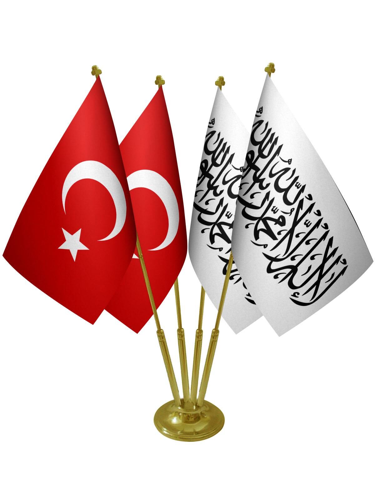 Masa Üstü Afganistan Bayrağı Türk Bayrağı Dörtlü Pirinç Direk Masa Bayrak Seti