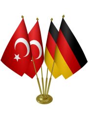 Masa Üstü Almanya Bayrağı Türk Bayrağı Dörtlü Pirinç Direk Masa Bayrak Seti