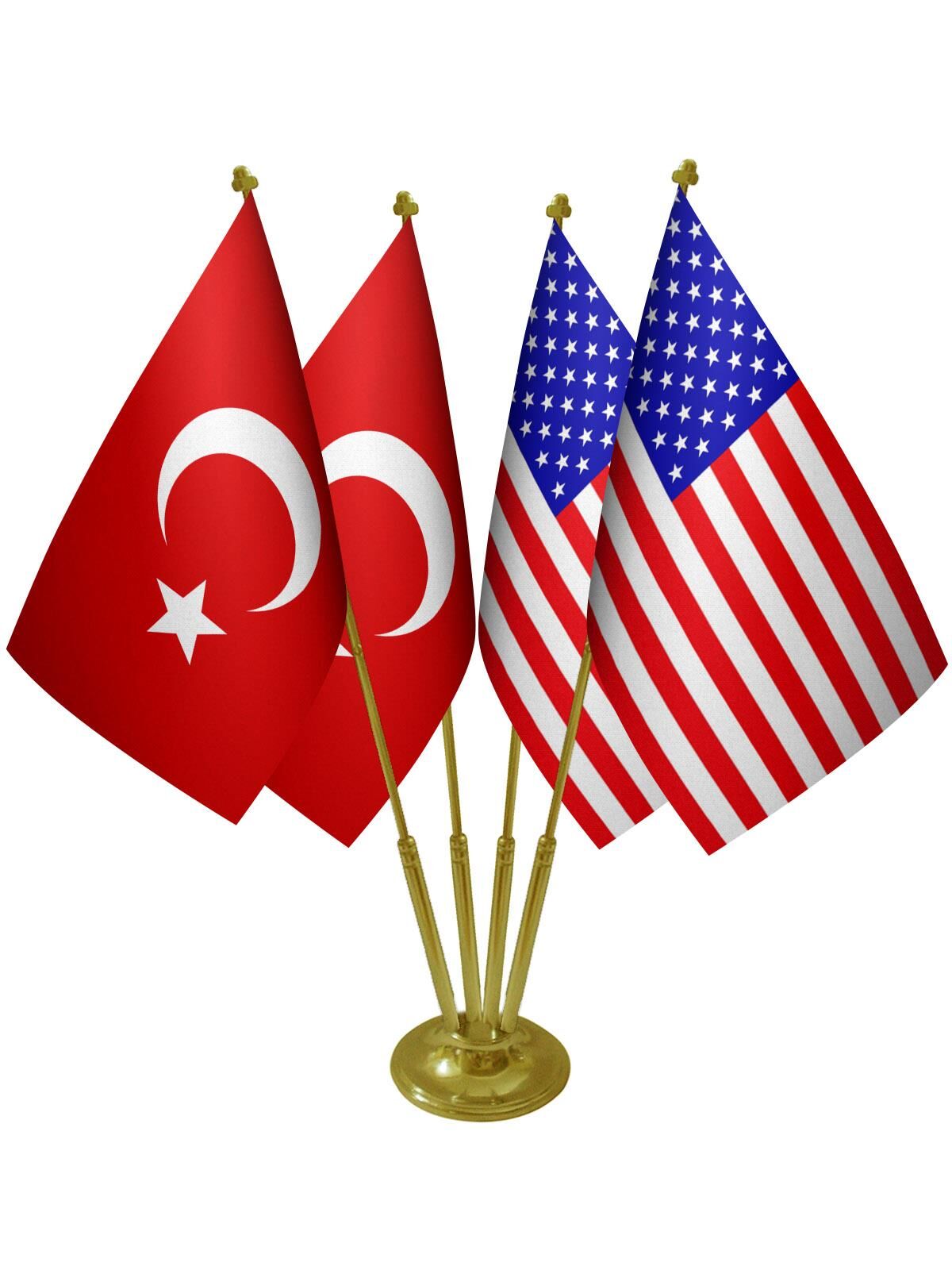 Masa Üstü ABD Amerika Bayrağı Türk Bayrağı Dörtlü Pirinç Direk Masa Bayrak Seti