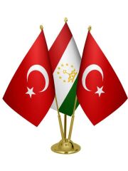 Masa Üstü Tacikistan Bayrağı Türk Bayrağı Üçlü Pirinç Direk Masa Bayrak Seti