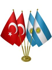 Masa Üstü Arjantin Bayrağı Türk Bayrağı Dörtlü Pirinç Direk Masa Bayrak Seti
