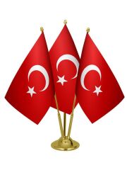 Masa Üstü Üçlü Türkiye Cumhuriyeti Bayrağı Üçlü Pirinç Direk Masa Bayrak Seti