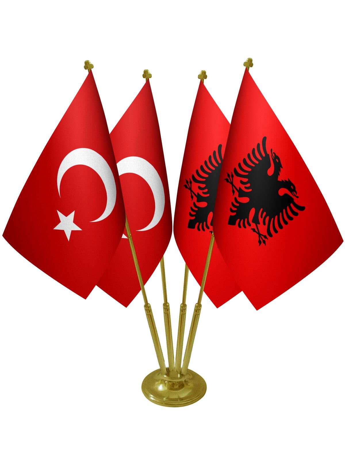 Masa Üstü Arnavutluk Bayrağı Türk Bayrağı Dörtlü Pirinç Direk Masa Bayrak Seti