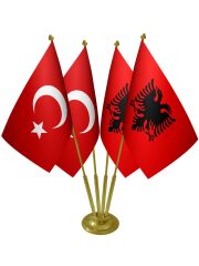 Masa Üstü Arnavutluk Bayrağı Türk Bayrağı Dörtlü Pirinç Direk Masa Bayrak Seti