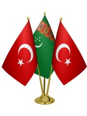 Masa Üstü Türkmenistan Bayrağı Türk Bayrağı Üçlü Pirinç Direk Masa Bayrak Seti