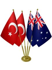 Masa Üstü Avustralya Bayrağı Türk Bayrağı Dörtlü Pirinç Direk Masa Bayrak Seti