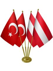 Masa Üstü Avusturya Bayrağı Türk Bayrağı Dörtlü Pirinç Direk Masa Bayrak Seti