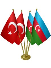 Masa Üstü Azerbaycan Bayrağı Türk Bayrağı Dörtlü Pirinç Direk Masa Bayrak Seti