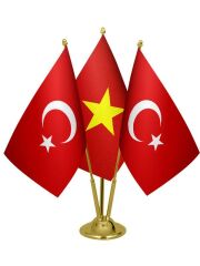 Masa Üstü Vietnam Bayrağı Türk Bayrağı Üçlü Pirinç Direk Masa Bayrak Seti