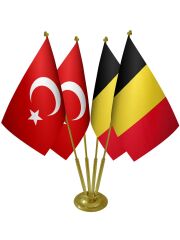Masa Üstü Belçika Bayrağı Türk Bayrağı Dörtlü Pirinç Direk Masa Bayrak Seti