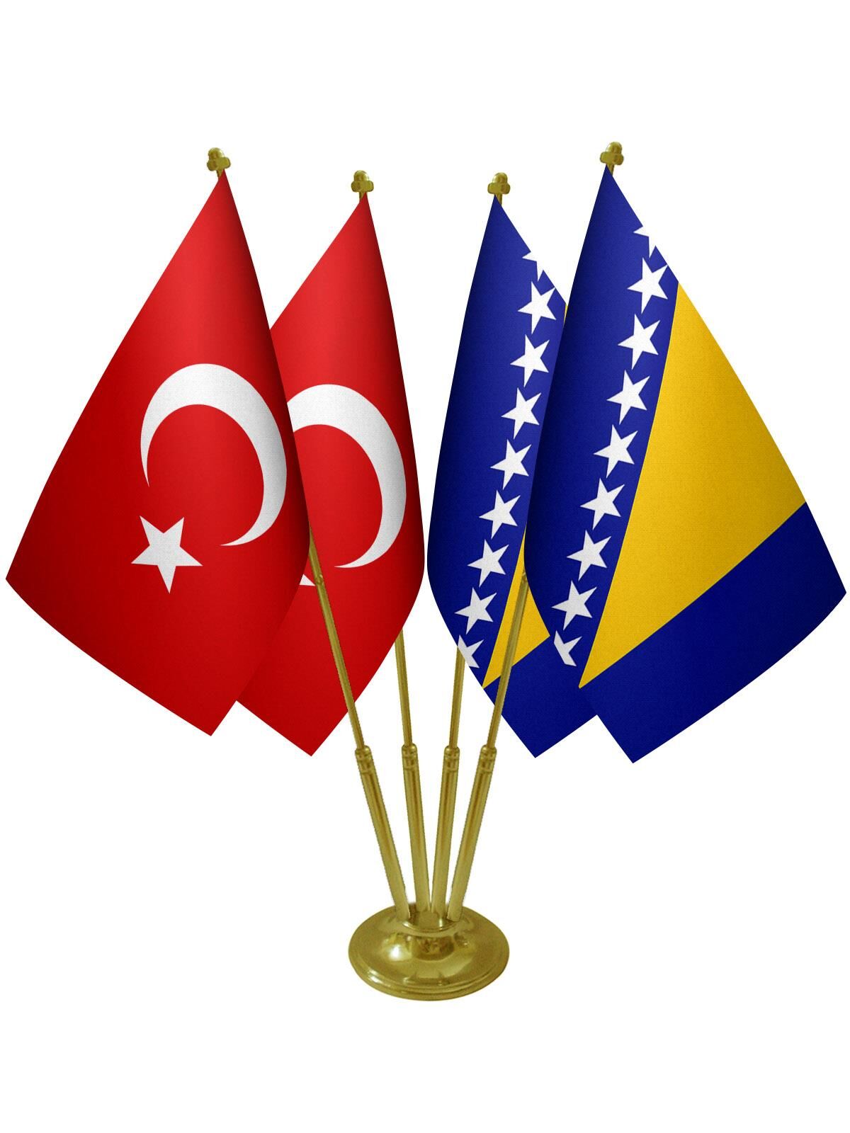 Masa Üstü Bosna Hersek Bayrağı Türk Bayrağı Dörtlü Pirinç Direk Masa Bayrak Seti