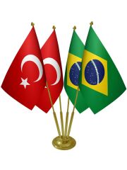 Masa Üstü Brezilya Bayrağı Türk Bayrağı Dörtlü Pirinç Direk Masa Bayrak Seti