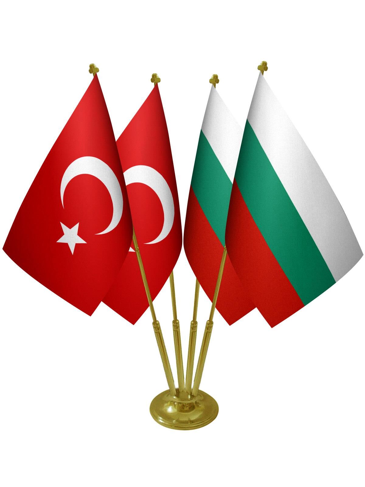 Masa Üstü Bulgaristan Bayrağı Türk Bayrağı Dörtlü Pirinç Direk Masa Bayrak Seti