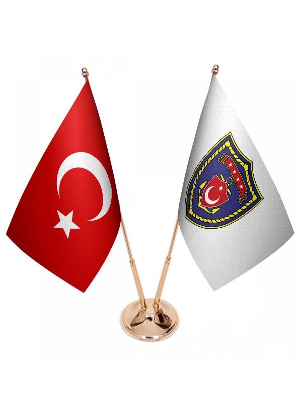 Masa Üstü Deniz Kuvvetleri Bayrağı Türk Bayrağı İkili Pirinç Direk Masa Bayrak Seti