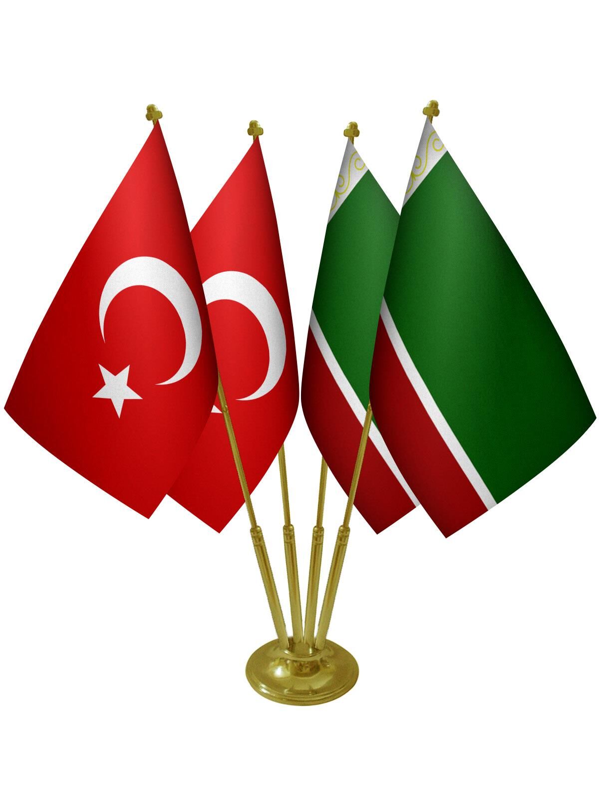 Masa Üstü Çeçenistan Bayrağı Türk Bayrağı Dörtlü Pirinç Direk Masa Bayrak Seti