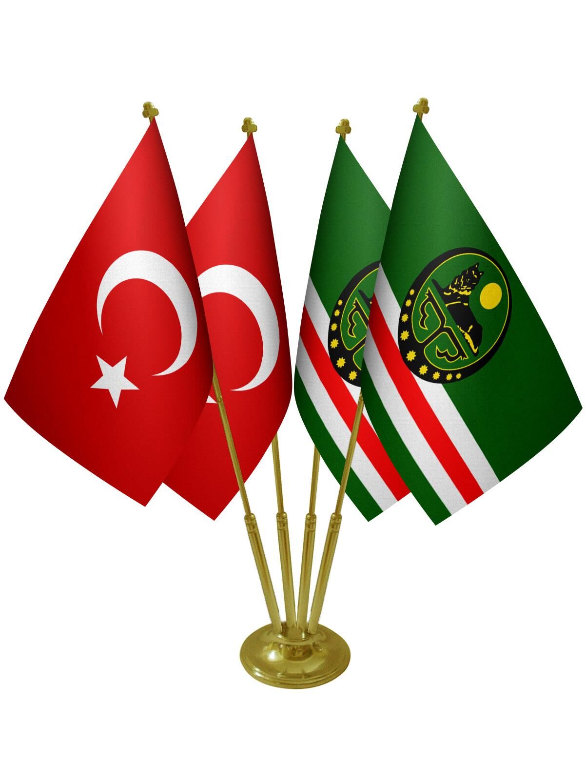 Masa Üstü Çeçenistan İçkerya Bayrağı Türk Bayrağı Dörtlü Pirinç Direk Masa Bayrak Seti