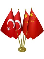 Masa Üstü Çin Bayrağı Türk Bayrağı Dörtlü Pirinç Direk Masa Bayrak Seti