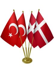 Masa Üstü Danimarka Bayrağı Türk Bayrağı Dörtlü Pirinç Direk Masa Bayrak Seti