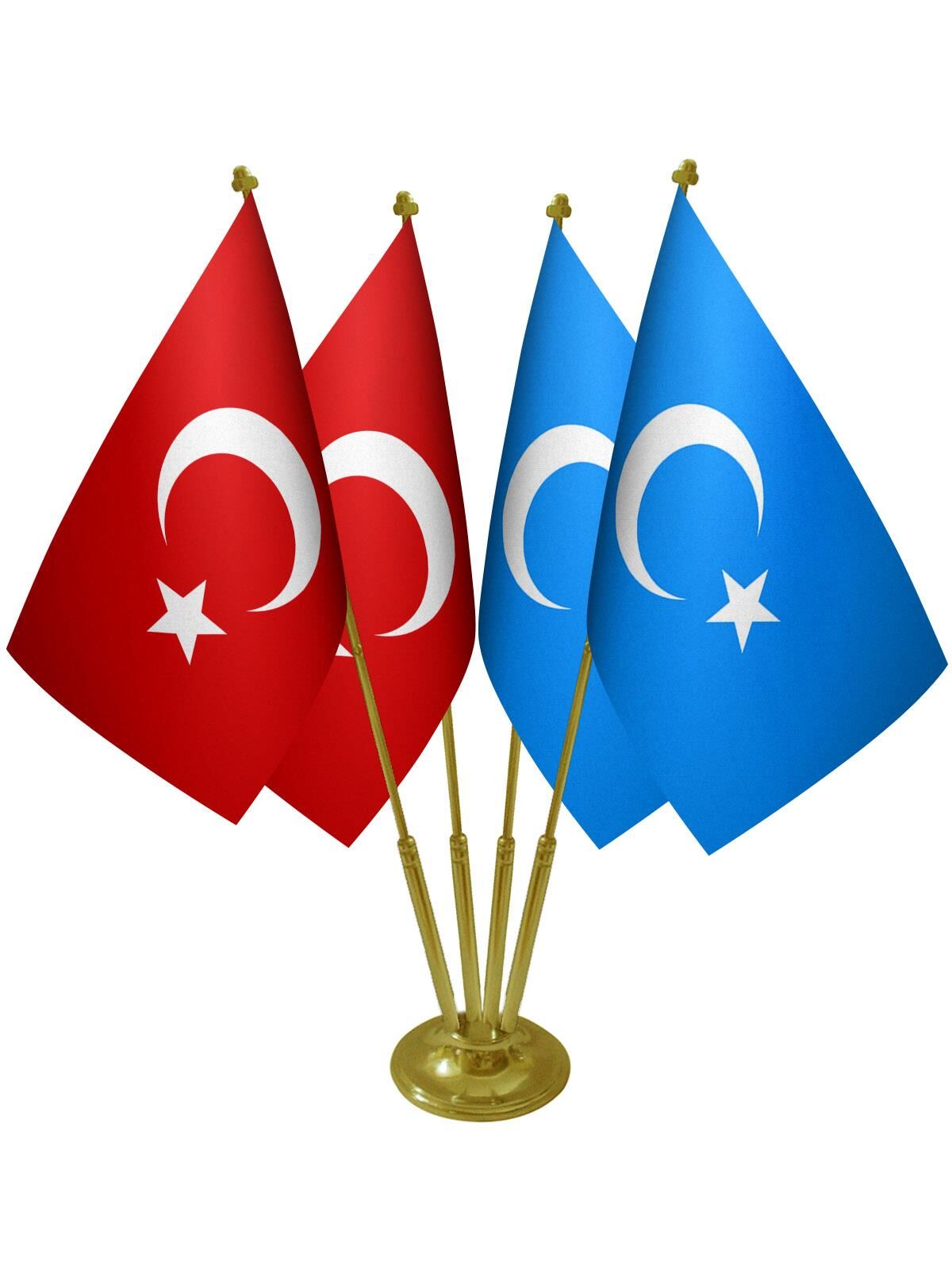 Masa Üstü Doğu Türkistan Bayrağı Türk Bayrağı Dörtlü Pirinç Direk Masa Bayrak Seti