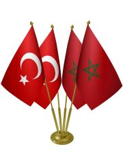 Masa Üstü Fas Bayrağı Türk Bayrağı Dörtlü Pirinç Direk Masa Bayrak Seti
