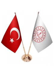 Masa Üstü Milli Eğitim Bakanlığı Bayrağı Türk Bayrağı İkili Pirinç Direk Masa Bayrak Seti