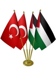 Masa Üstü Filistin Bayrağı Türk Bayrağı Dörtlü Pirinç Direk Masa Bayrak Seti