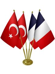 Masa Üstü Fransa Bayrağı Türk Bayrağı Dörtlü Pirinç Direk Masa Bayrak Seti