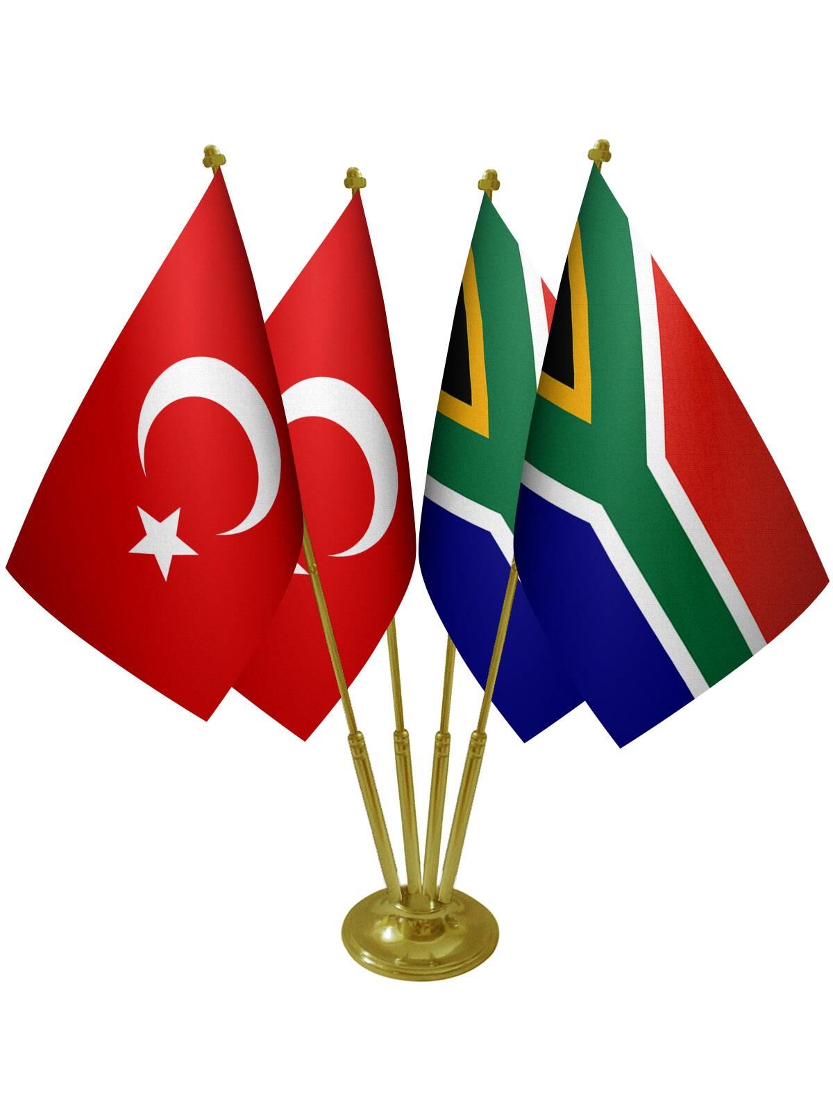 Masa Üstü Güney Afrika Bayrağı Türk Bayrağı Dörtlü Pirinç Direk Masa Bayrak Seti