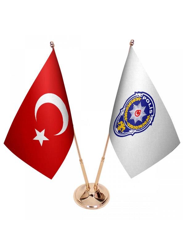 Masa Üstü Polis Logosu Bayrağı Türk Bayrağı İkili Pirinç Direk Masa Bayrak Seti