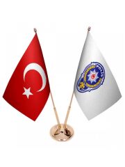 Masa Üstü Polis Logosu Bayrağı Türk Bayrağı İkili Pirinç Direk Masa Bayrak Seti