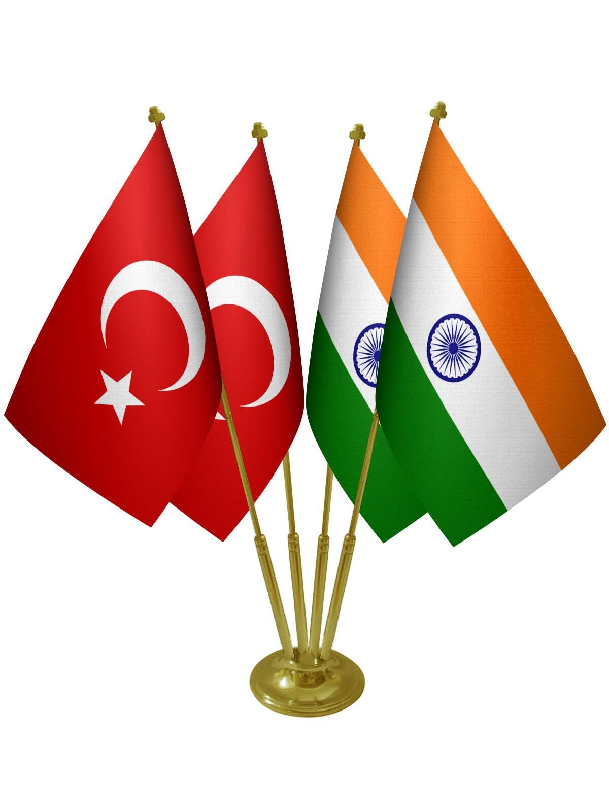 Masa Üstü Hindistan Bayrağı Türk Bayrağı Dörtlü Pirinç Direk Masa Bayrak Seti